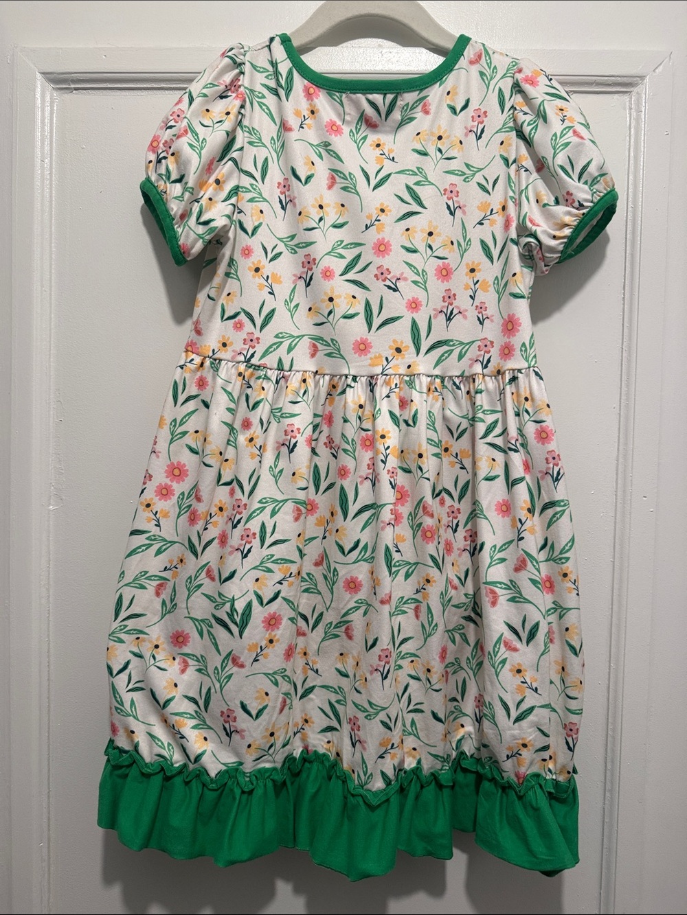 Girls' White Floral Dress with Green Trim - Picture 4 of 4
